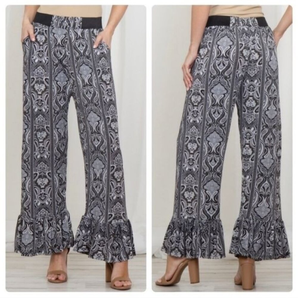 Boho Wide Leg Ruffle Hem Pants W/Elastic Waist & Pockets Black/White Paisley -OS